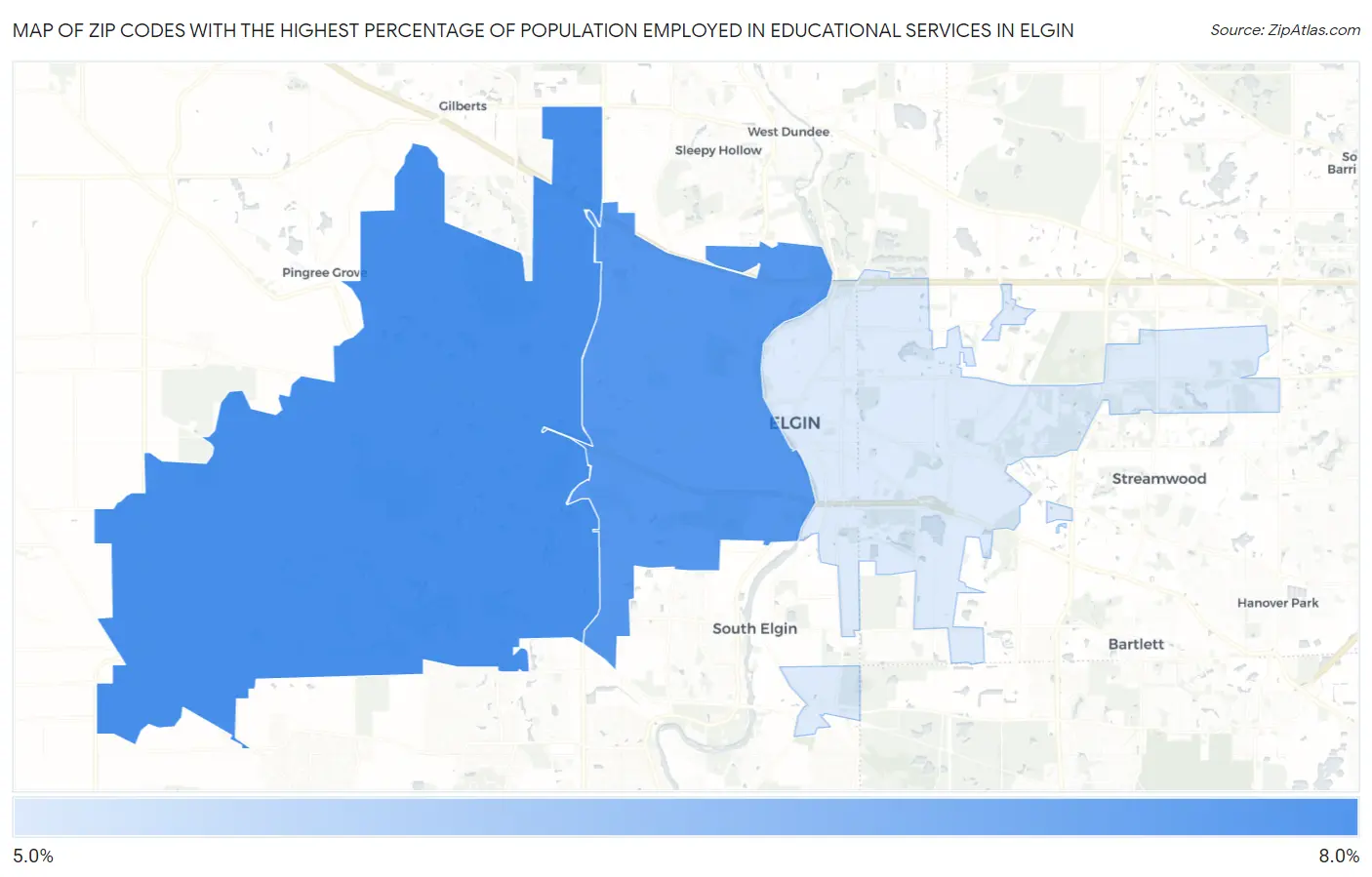 Zip Codes with the Highest Percentage of Population Employed in Educational Services in Elgin Map