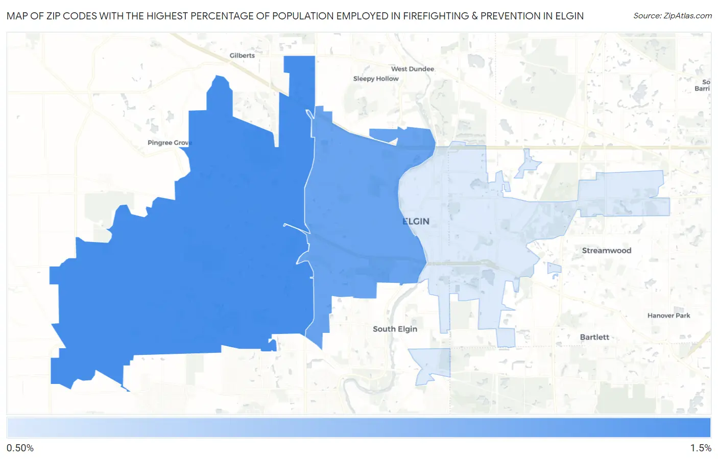 Zip Codes with the Highest Percentage of Population Employed in Firefighting & Prevention in Elgin Map