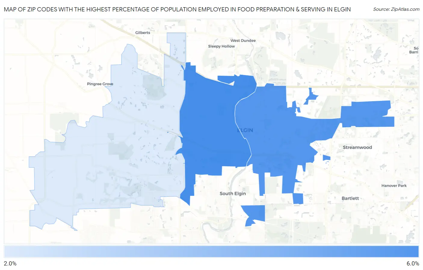 Zip Codes with the Highest Percentage of Population Employed in Food Preparation & Serving in Elgin Map