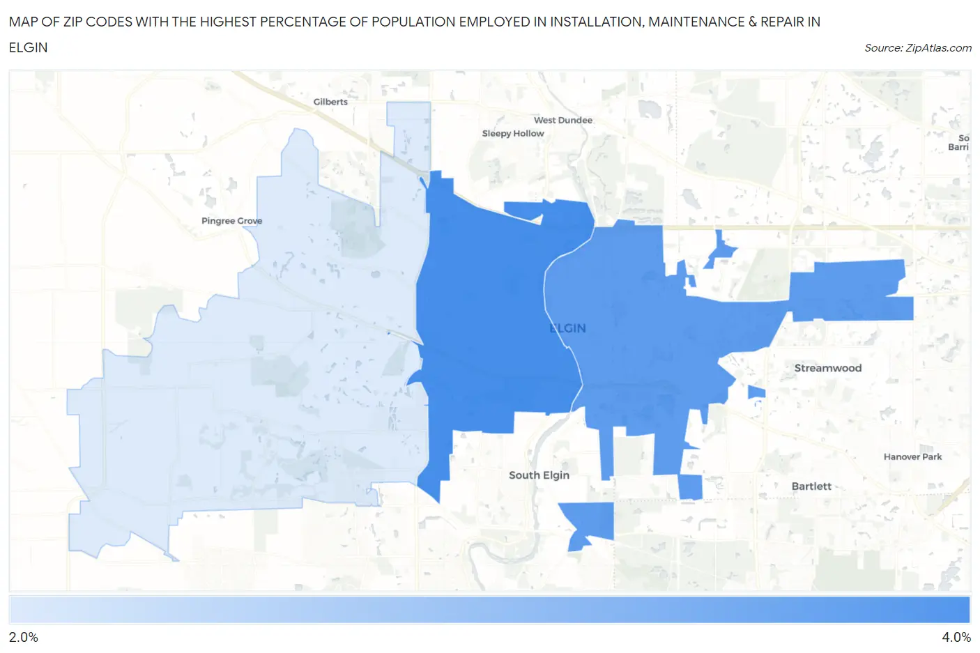 Zip Codes with the Highest Percentage of Population Employed in Installation, Maintenance & Repair in Elgin Map