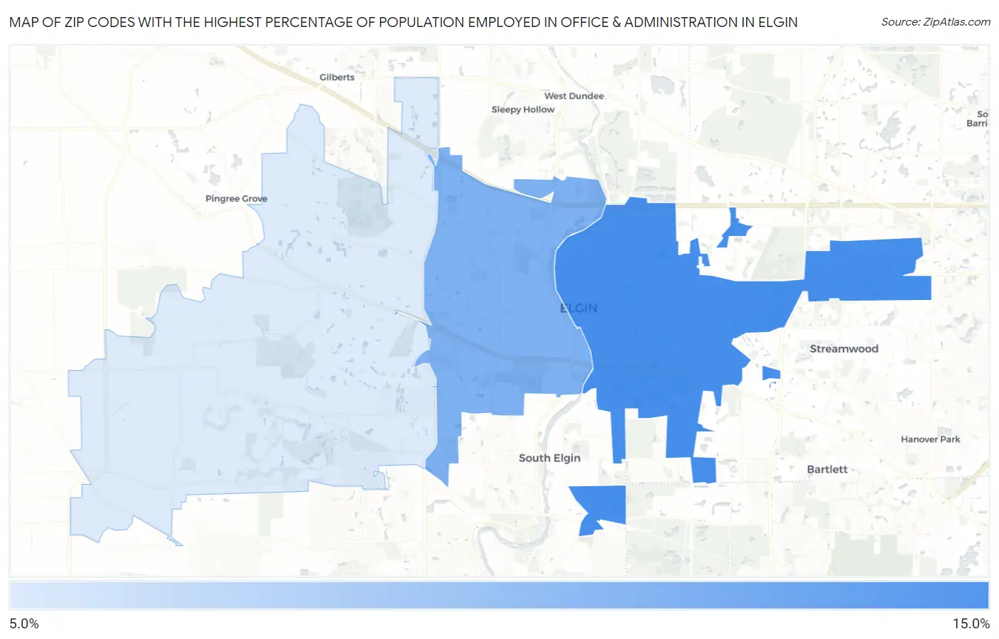 Zip Codes with the Highest Percentage of Population Employed in Office & Administration in Elgin Map