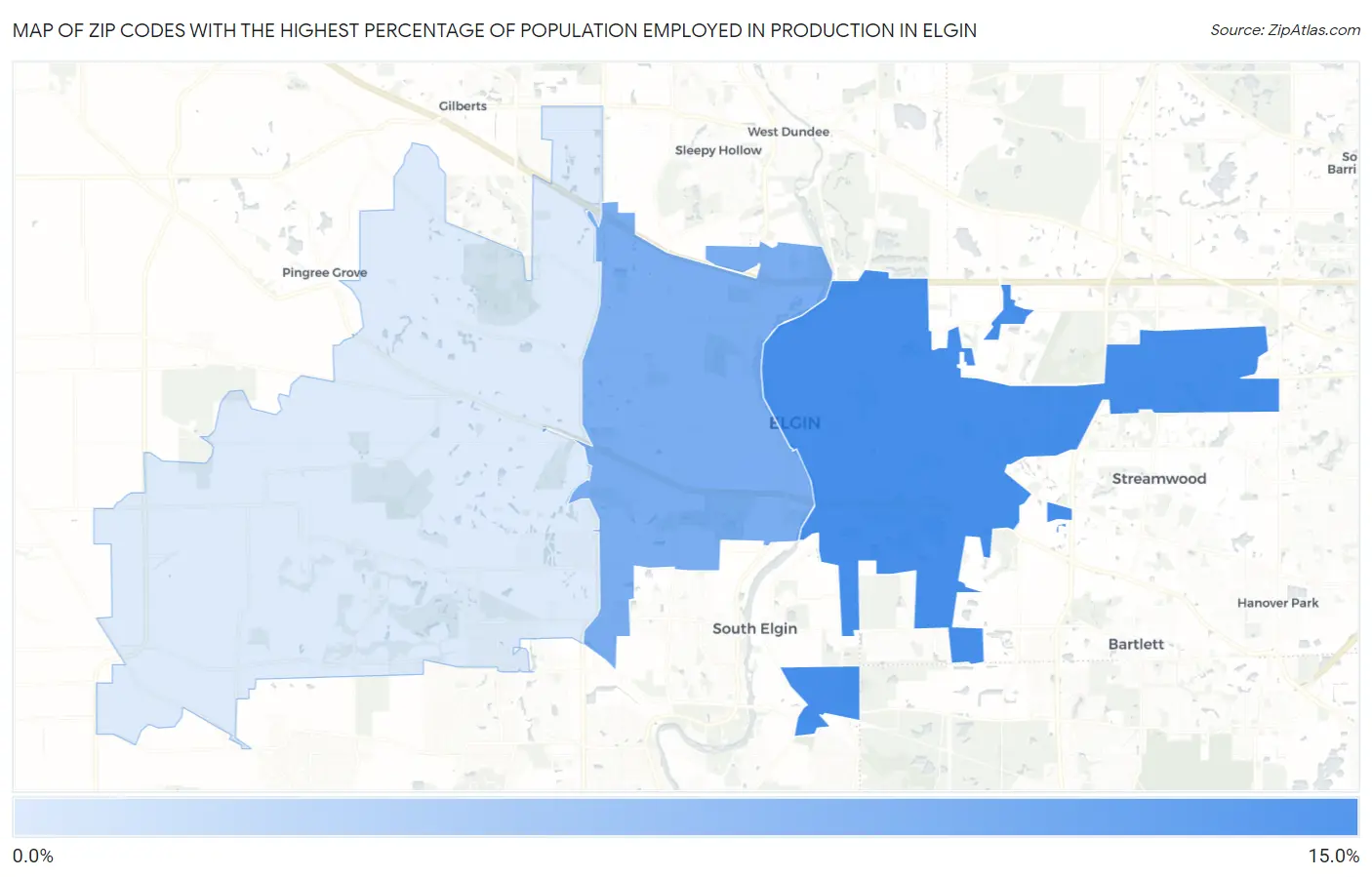 Zip Codes with the Highest Percentage of Population Employed in Production in Elgin Map