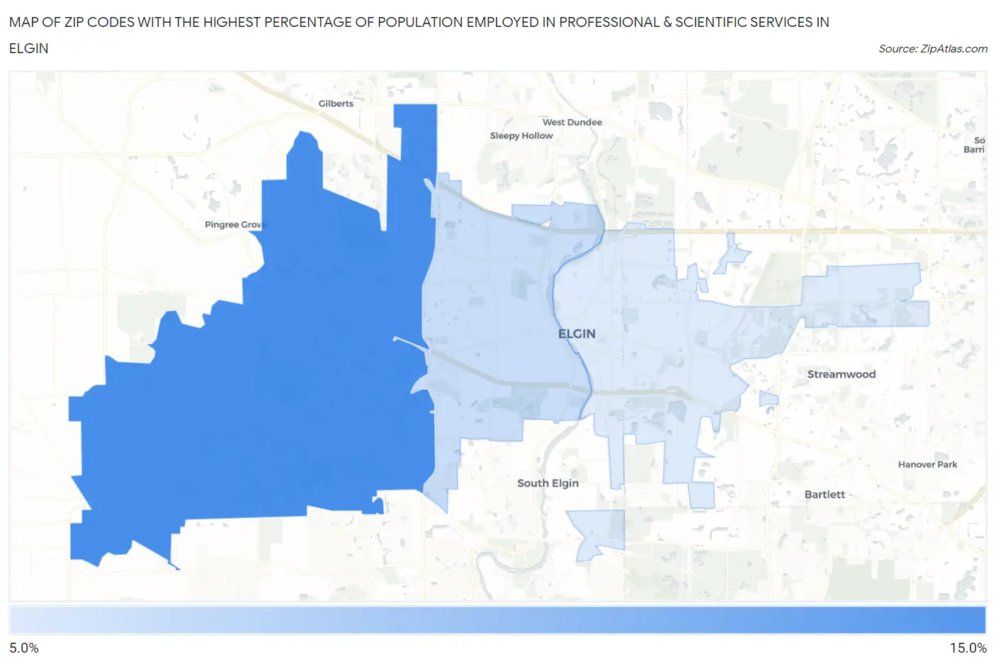 Zip Codes with the Highest Percentage of Population Employed in Professional & Scientific Services in Elgin Map