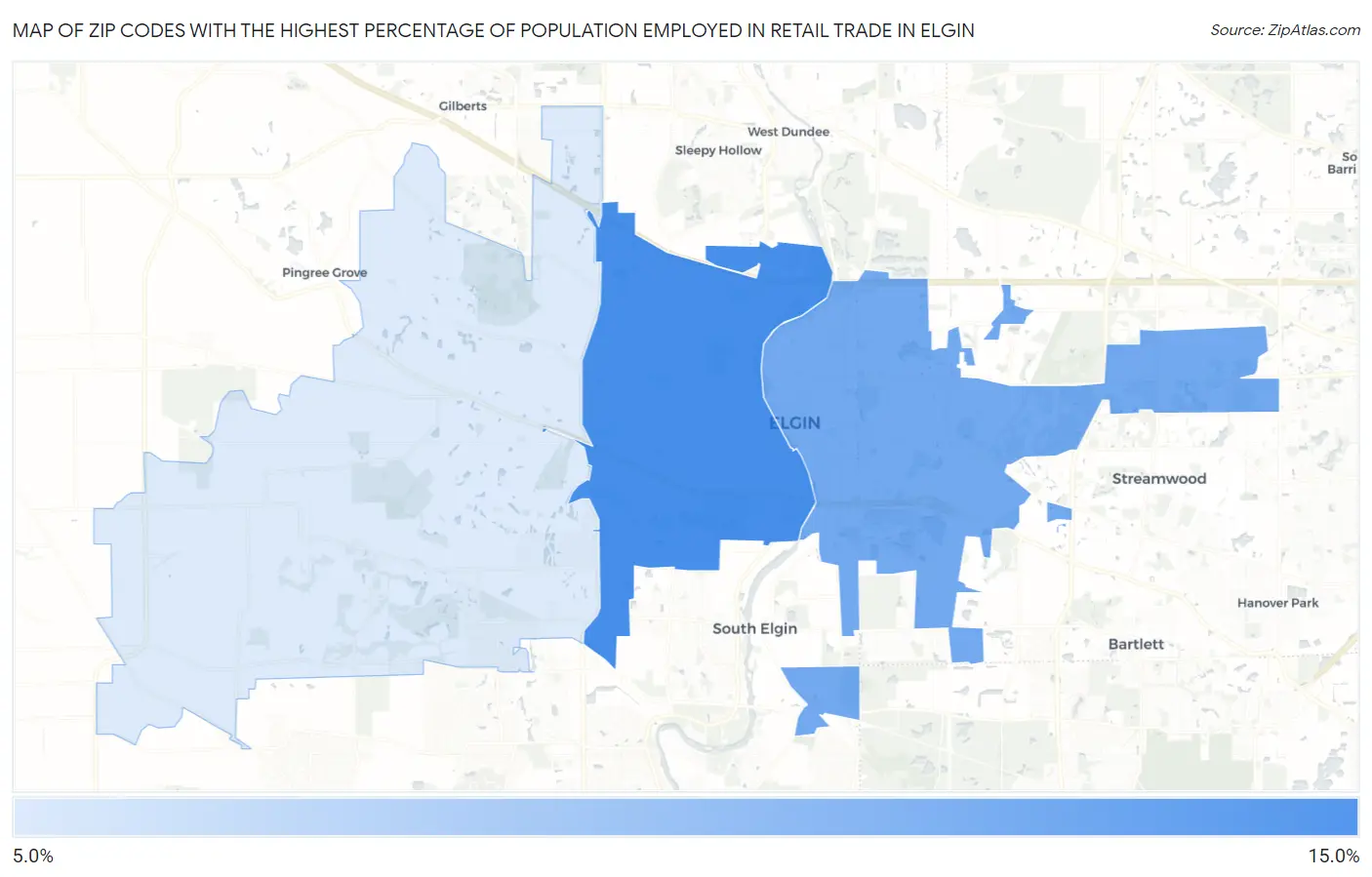 Zip Codes with the Highest Percentage of Population Employed in Retail Trade in Elgin Map