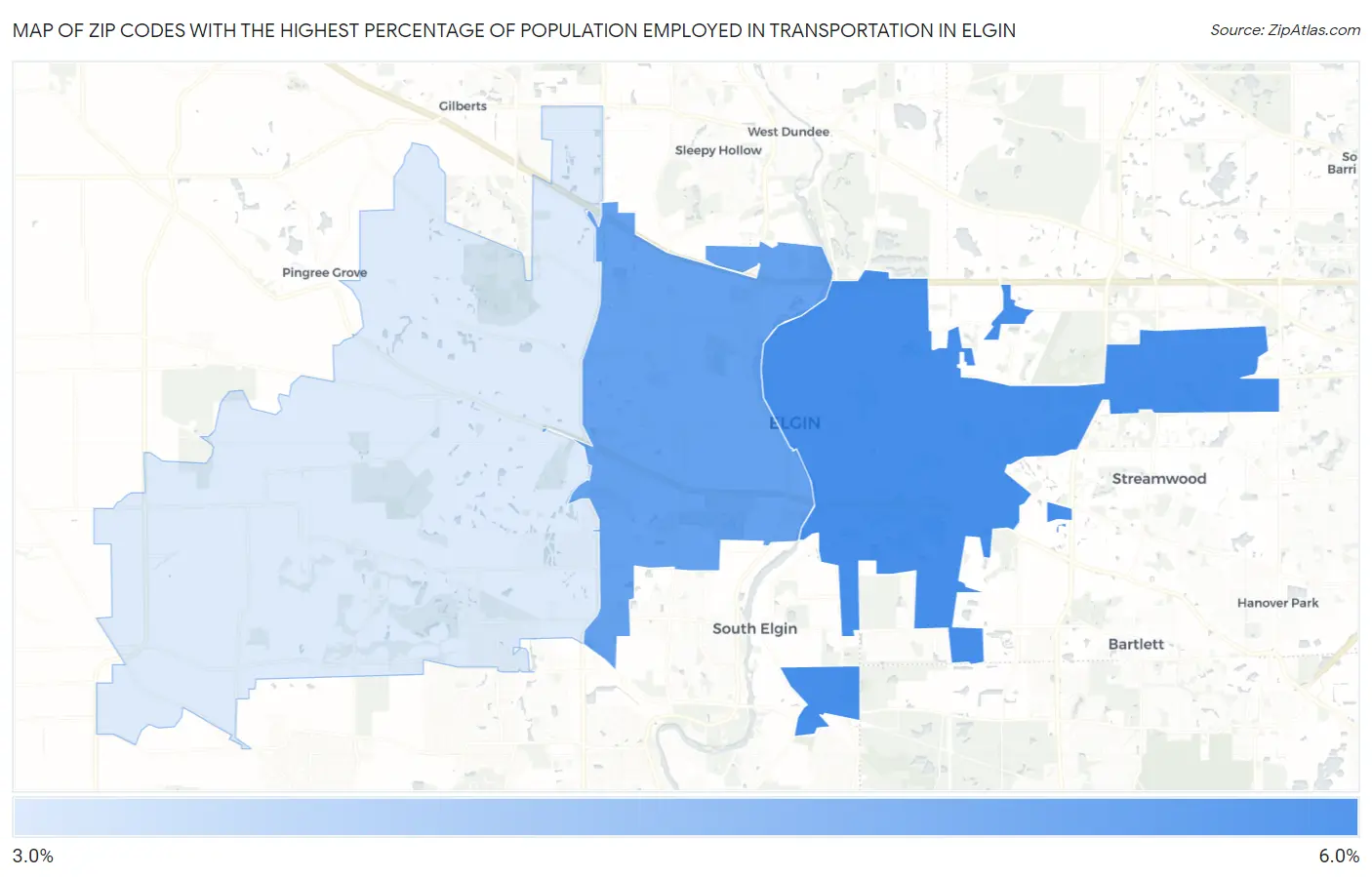 Zip Codes with the Highest Percentage of Population Employed in Transportation in Elgin Map
