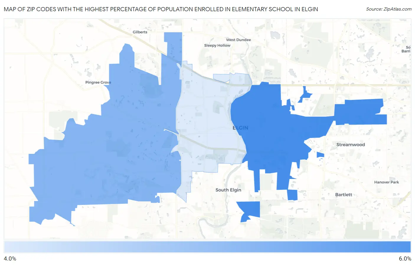 Zip Codes with the Highest Percentage of Population Enrolled in Elementary School in Elgin Map
