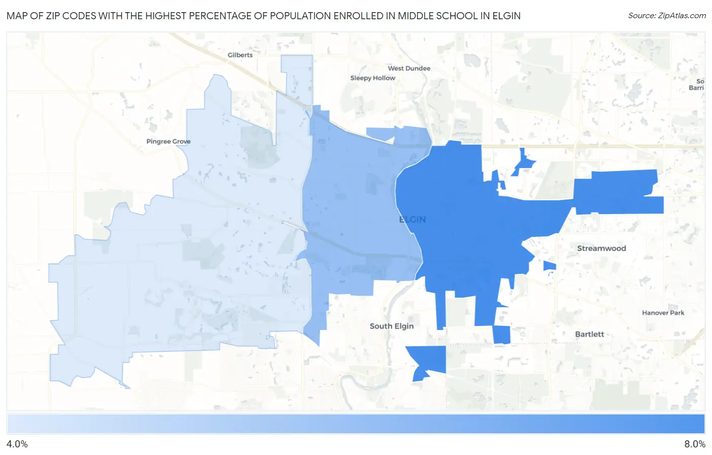 Zip Codes with the Highest Percentage of Population Enrolled in Middle School in Elgin Map