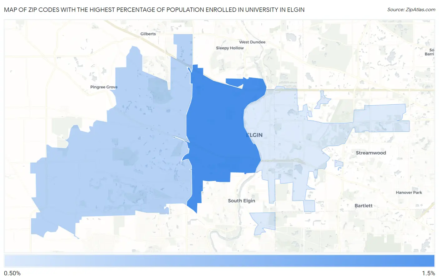 Zip Codes with the Highest Percentage of Population Enrolled in University in Elgin Map