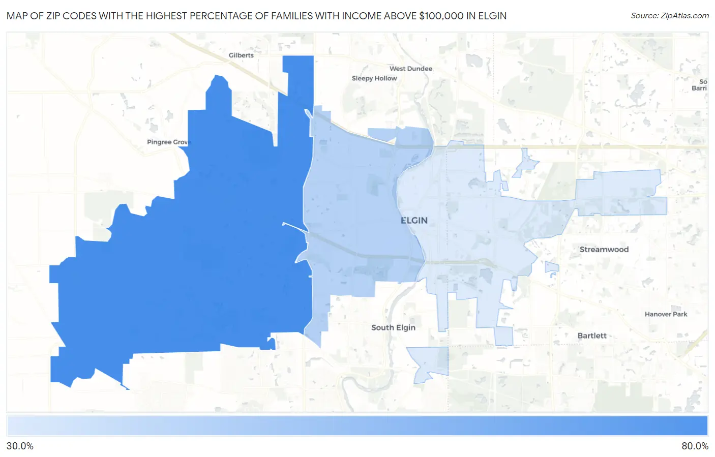 Zip Codes with the Highest Percentage of Families with Income Above $100,000 in Elgin Map