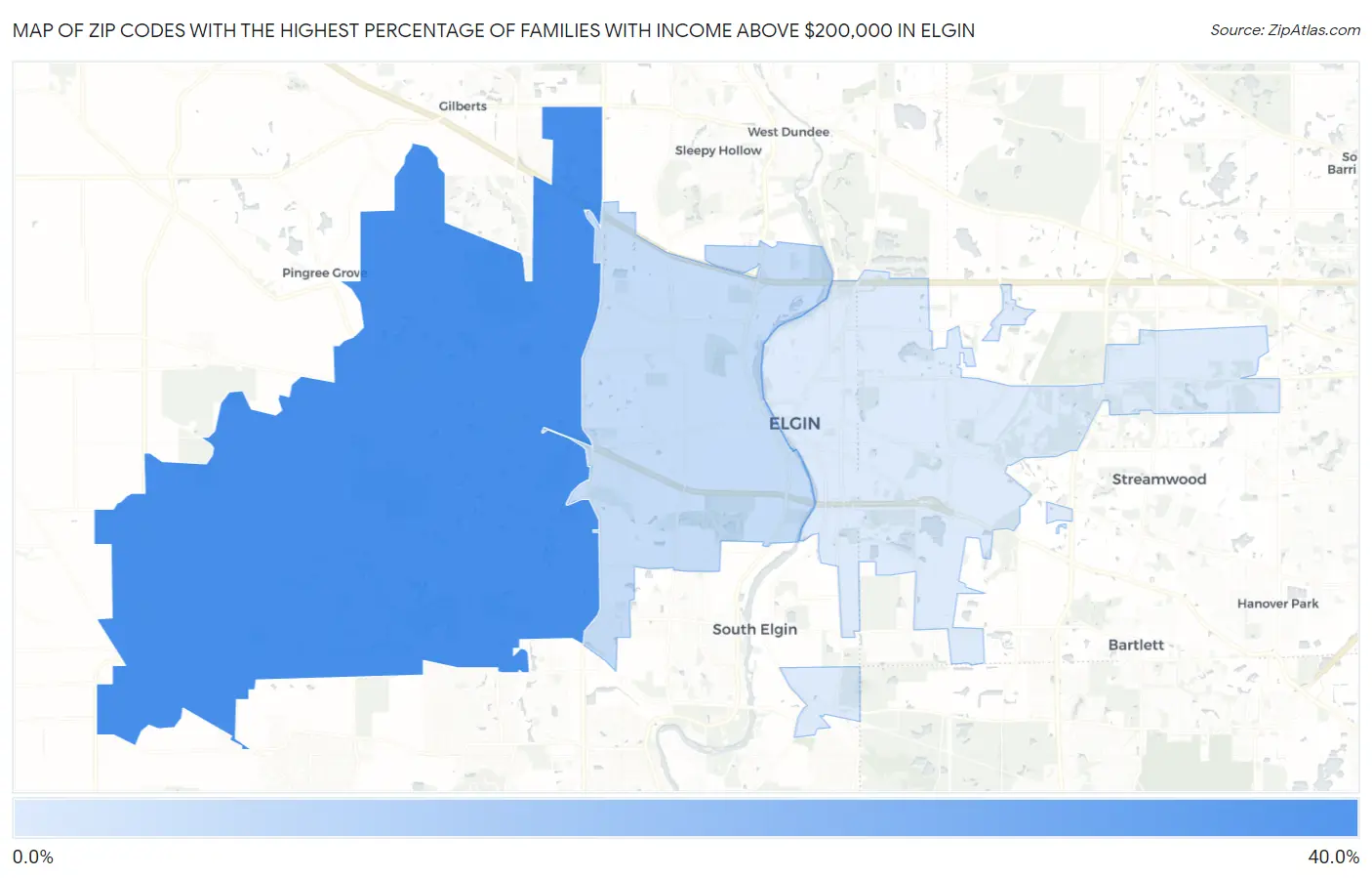 Zip Codes with the Highest Percentage of Families with Income Above $200,000 in Elgin Map