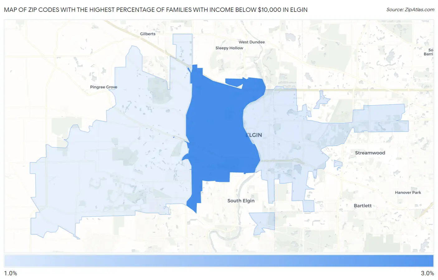 Zip Codes with the Highest Percentage of Families with Income Below $10,000 in Elgin Map