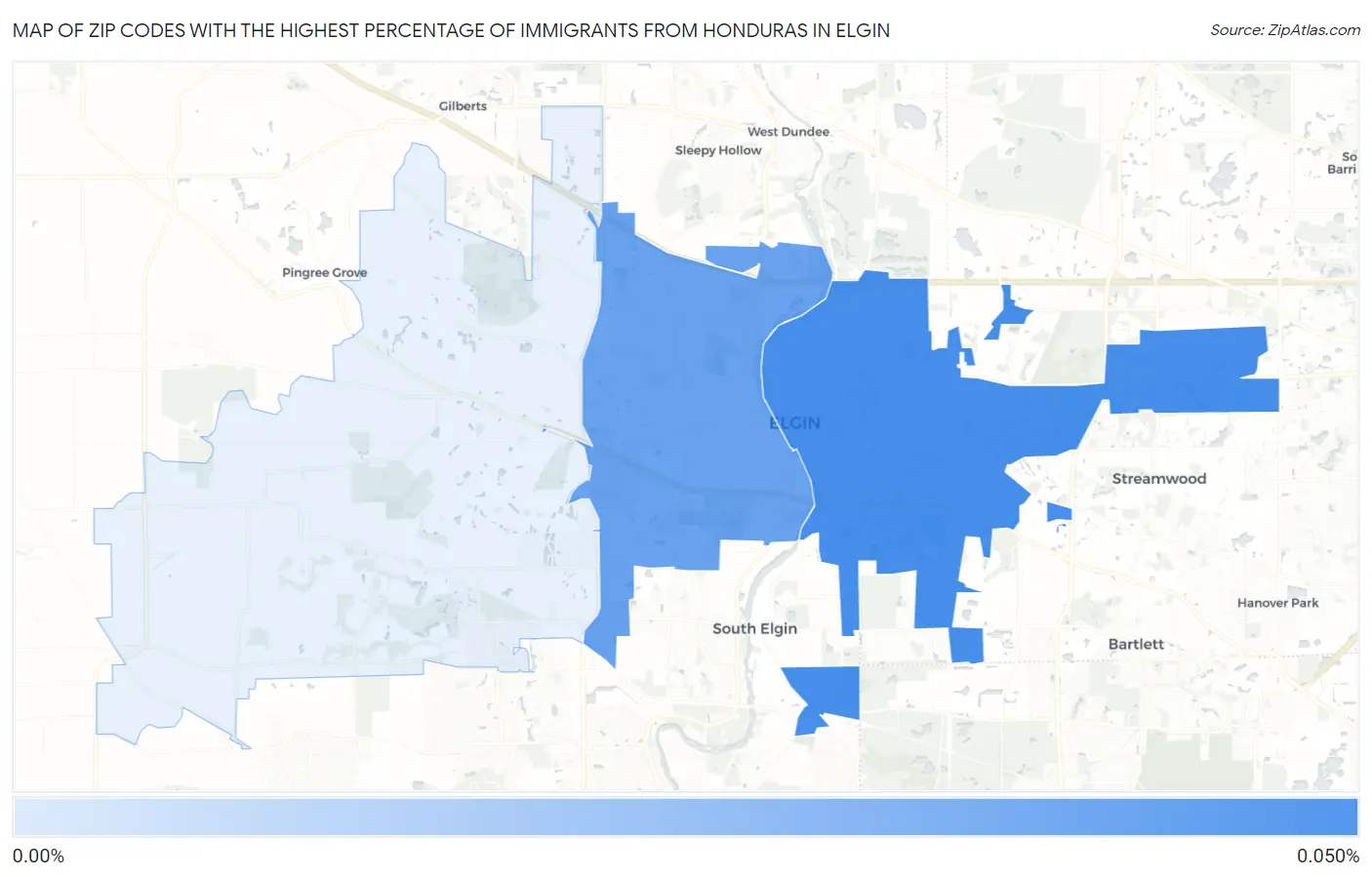 Zip Codes with the Highest Percentage of Immigrants from Honduras in Elgin Map