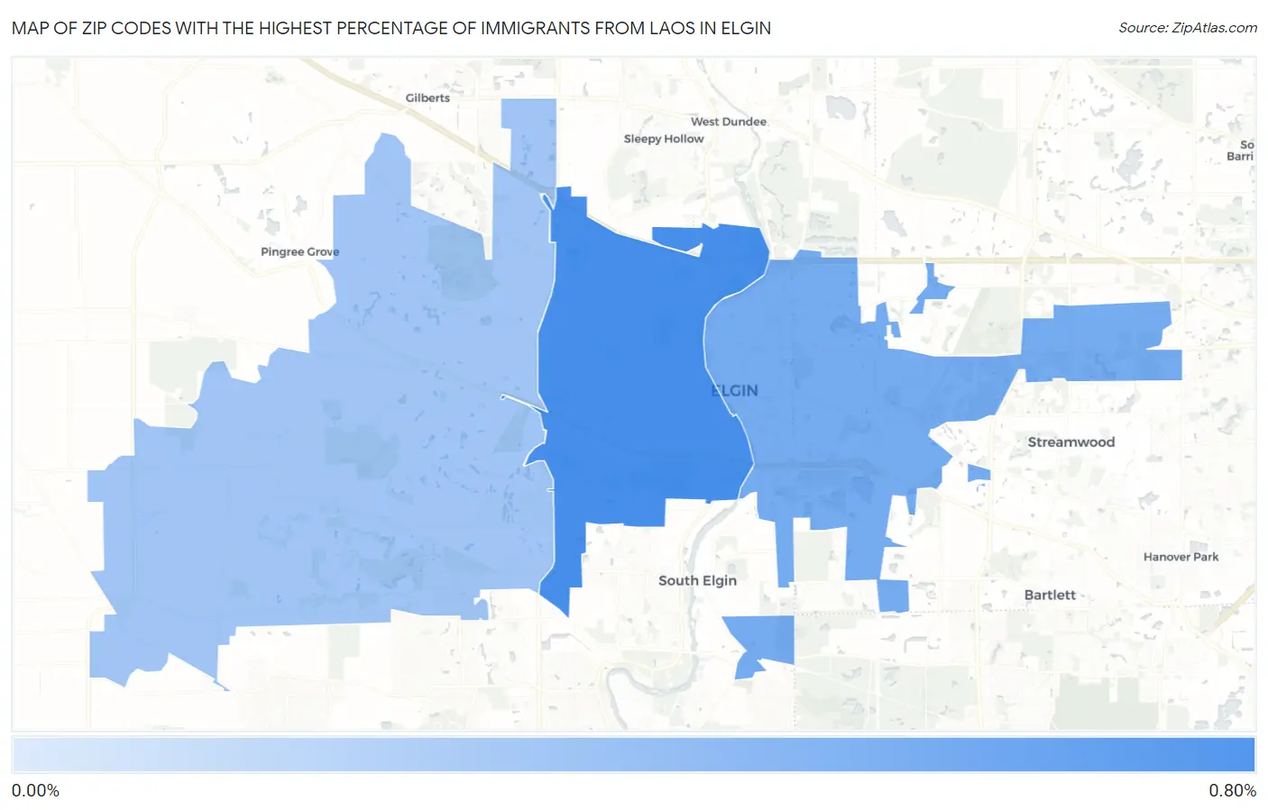 Zip Codes with the Highest Percentage of Immigrants from Laos in Elgin Map