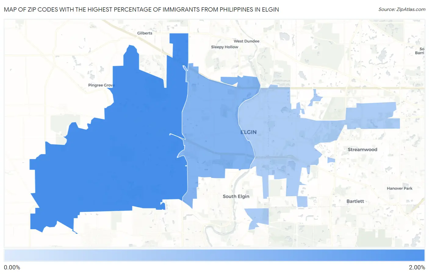 Zip Codes with the Highest Percentage of Immigrants from Philippines in Elgin Map
