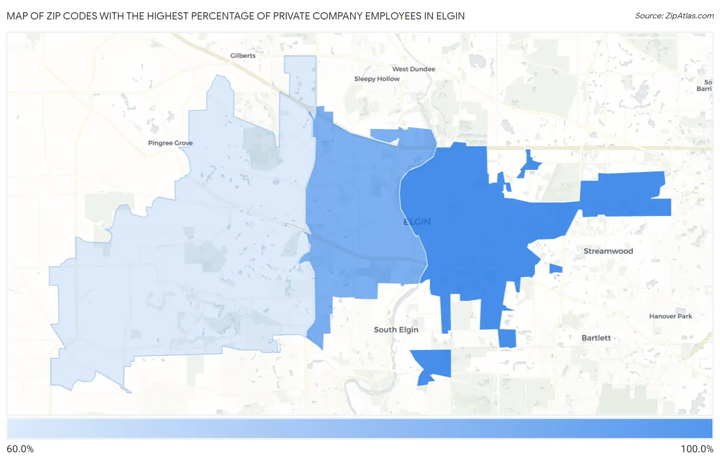 Zip Codes with the Highest Percentage of Private Company Employees in Elgin Map