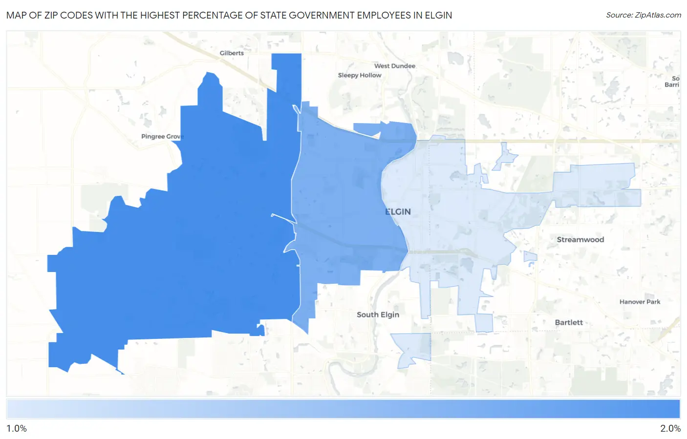 Zip Codes with the Highest Percentage of State Government Employees in Elgin Map