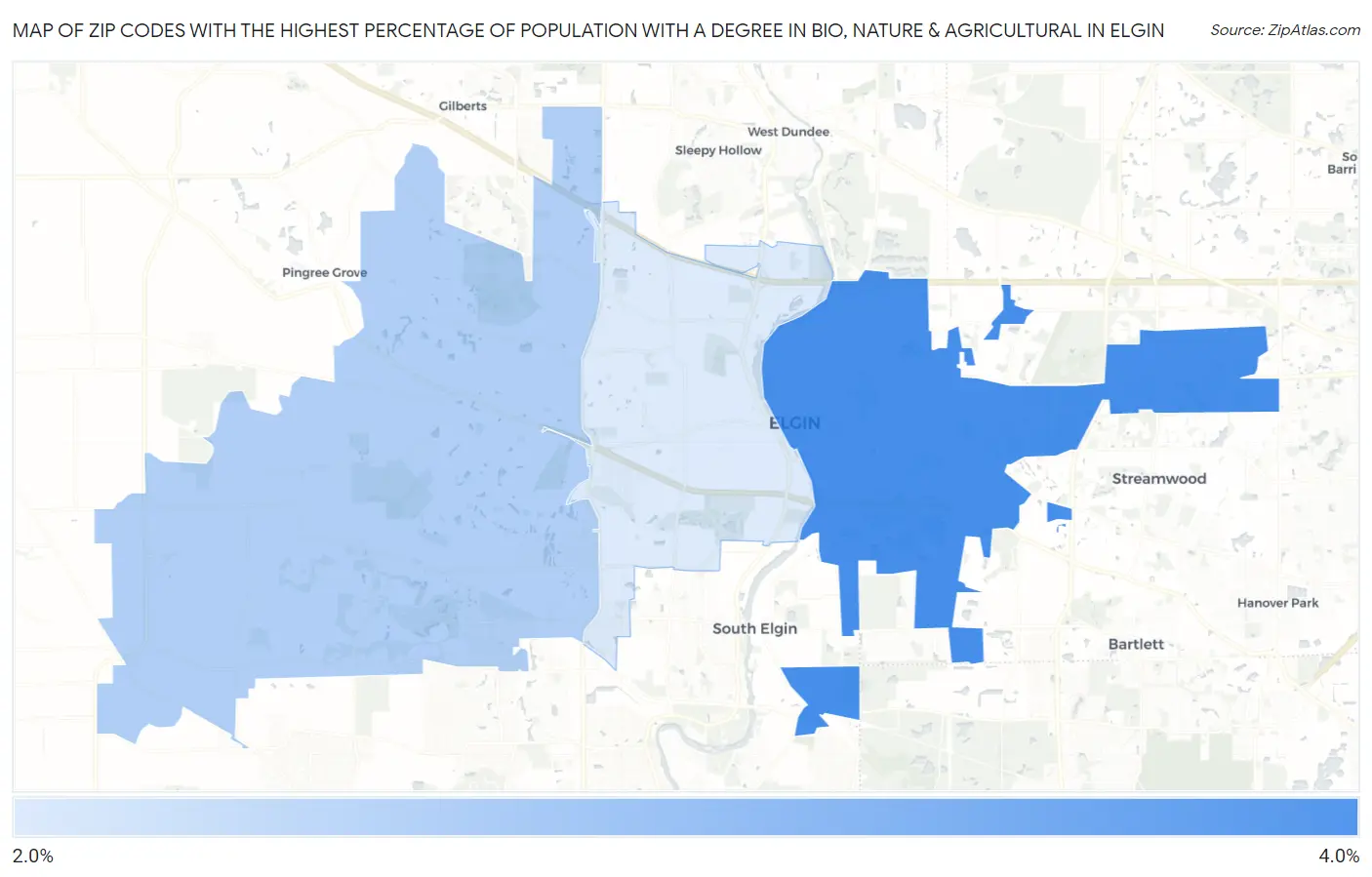 Zip Codes with the Highest Percentage of Population with a Degree in Bio, Nature & Agricultural in Elgin Map