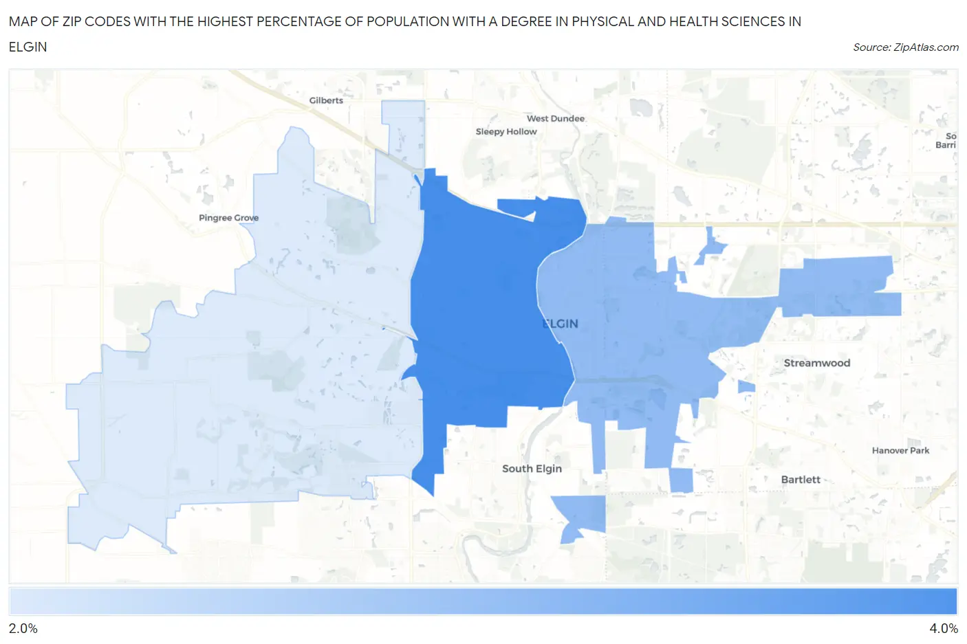 Zip Codes with the Highest Percentage of Population with a Degree in Physical and Health Sciences in Elgin Map