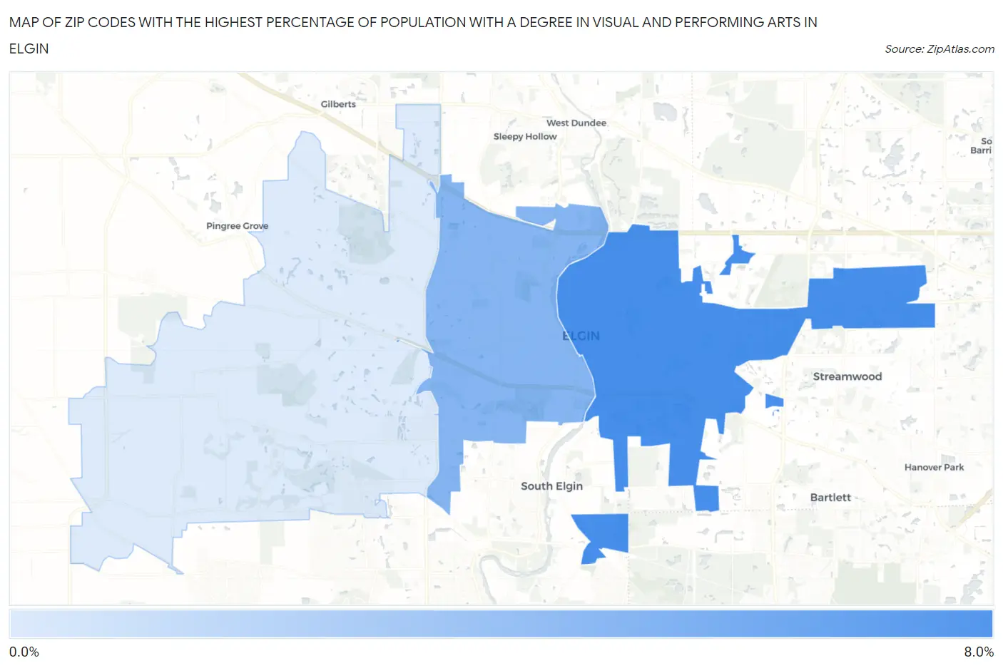 Zip Codes with the Highest Percentage of Population with a Degree in Visual and Performing Arts in Elgin Map