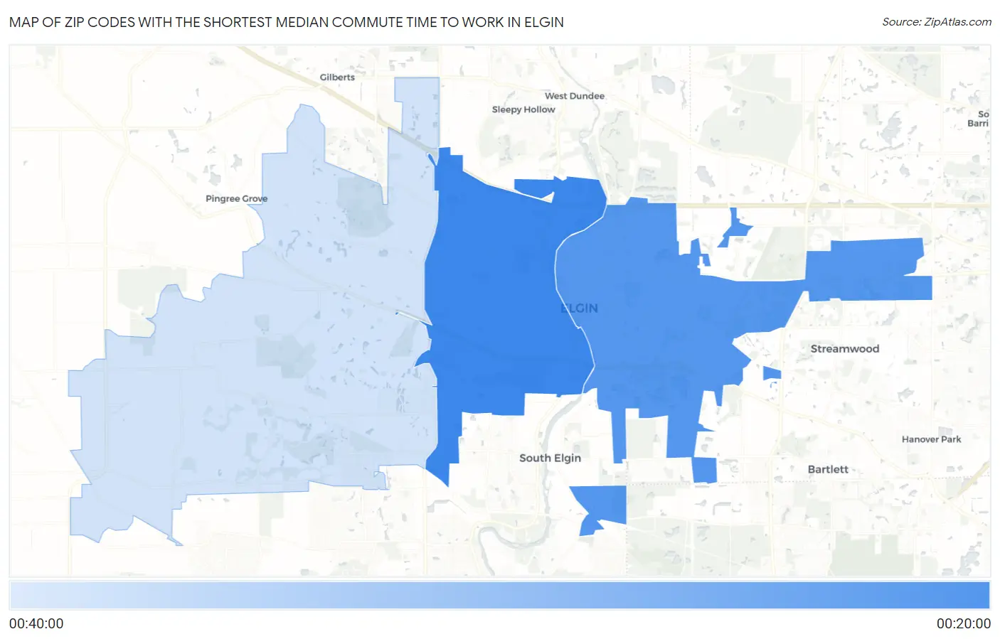 Zip Codes with the Shortest Median Commute Time to Work in Elgin Map
