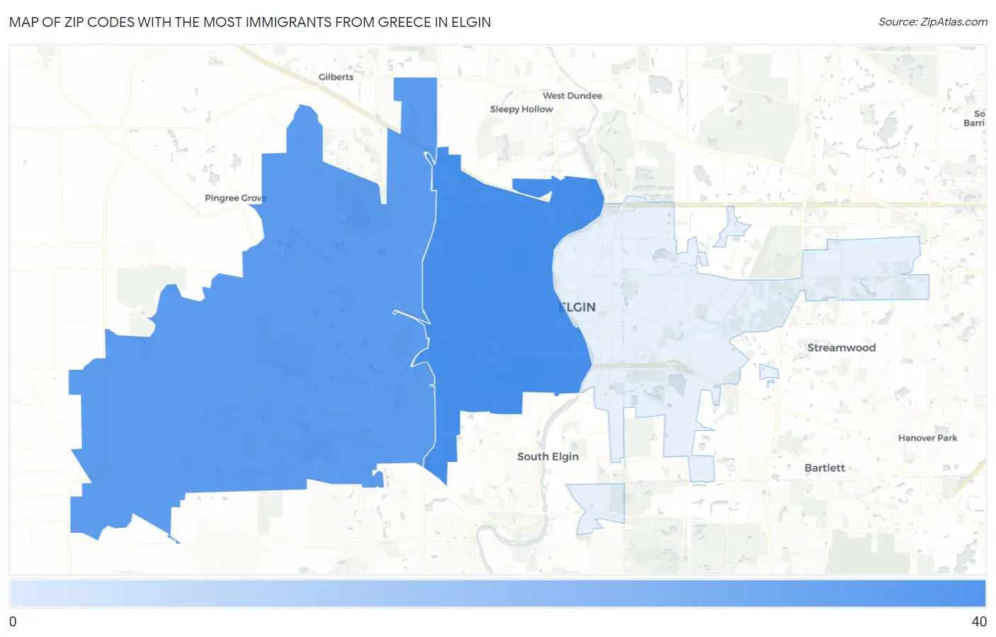Zip Codes with the Most Immigrants from Greece in Elgin Map