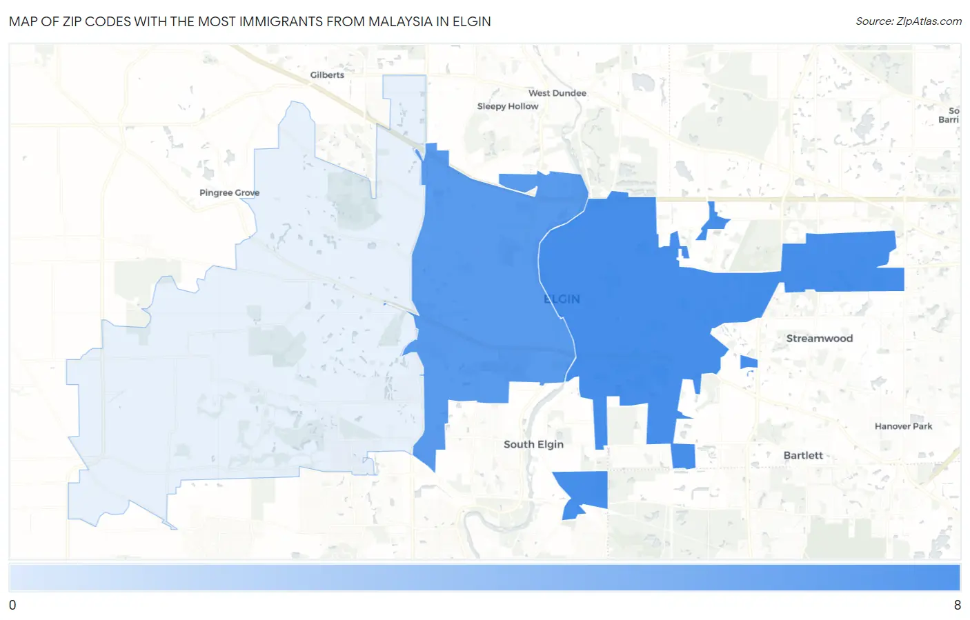 Zip Codes with the Most Immigrants from Malaysia in Elgin Map
