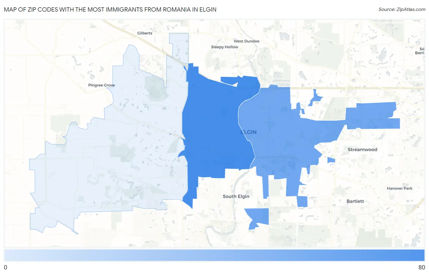 Zip Codes with the Most Immigrants from Romania in Elgin Map