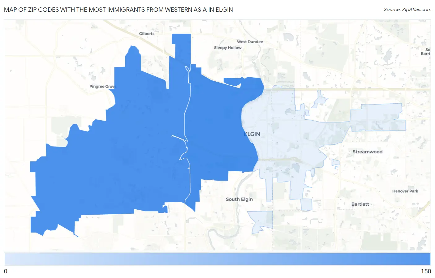 Zip Codes with the Most Immigrants from Western Asia in Elgin Map
