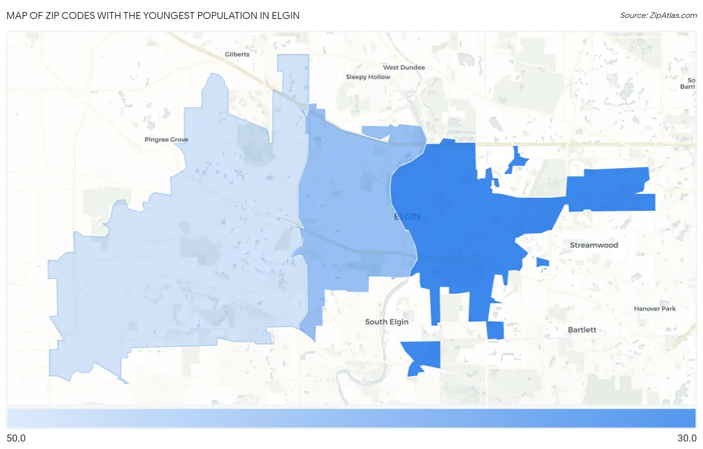 Zip Codes with the Youngest Population in Elgin Map
