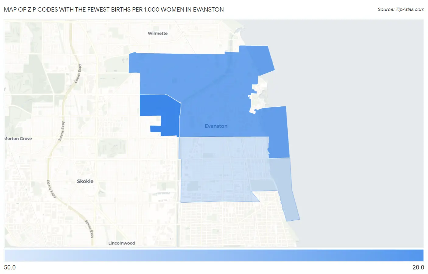 Zip Codes with the Fewest Births per 1,000 Women in Evanston Map