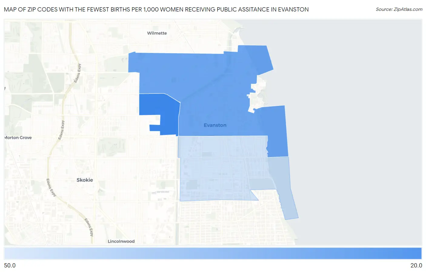 Zip Codes with the Fewest Births per 1,000 Women Receiving Public Assitance in Evanston Map