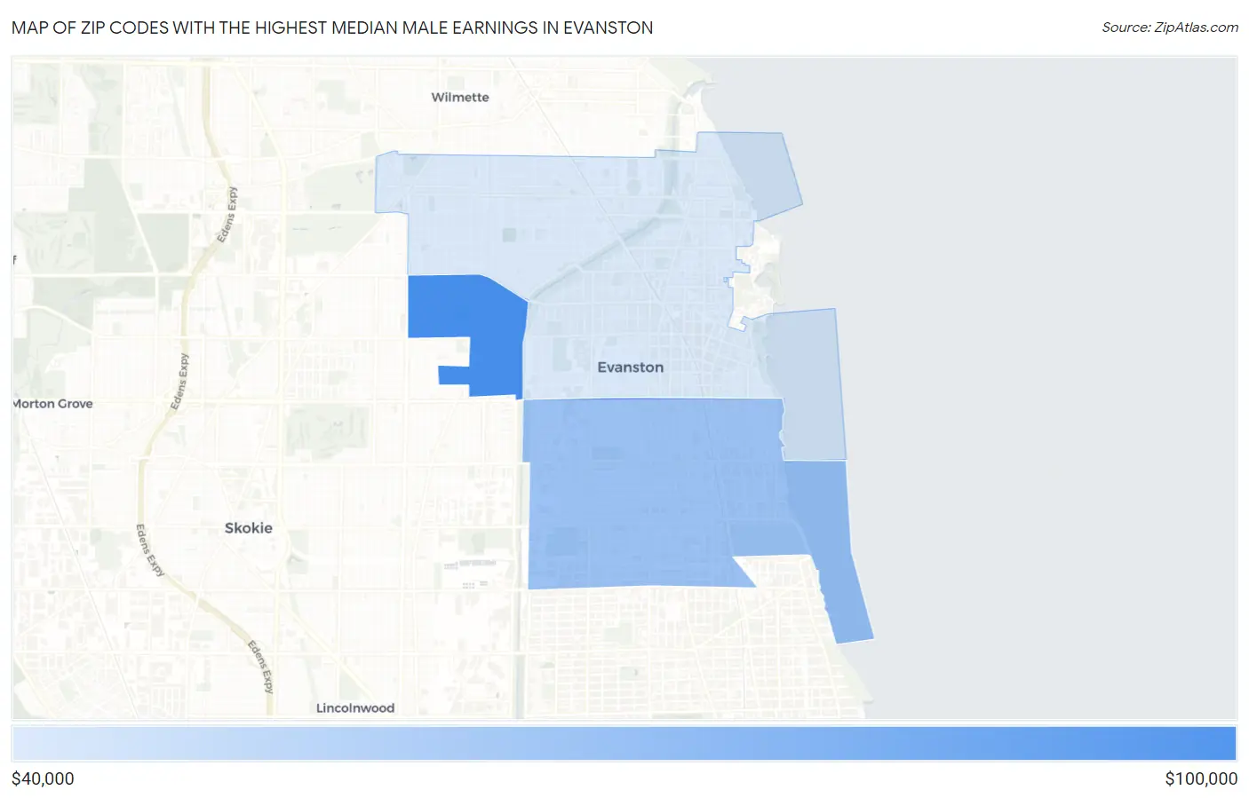 Zip Codes with the Highest Median Male Earnings in Evanston Map
