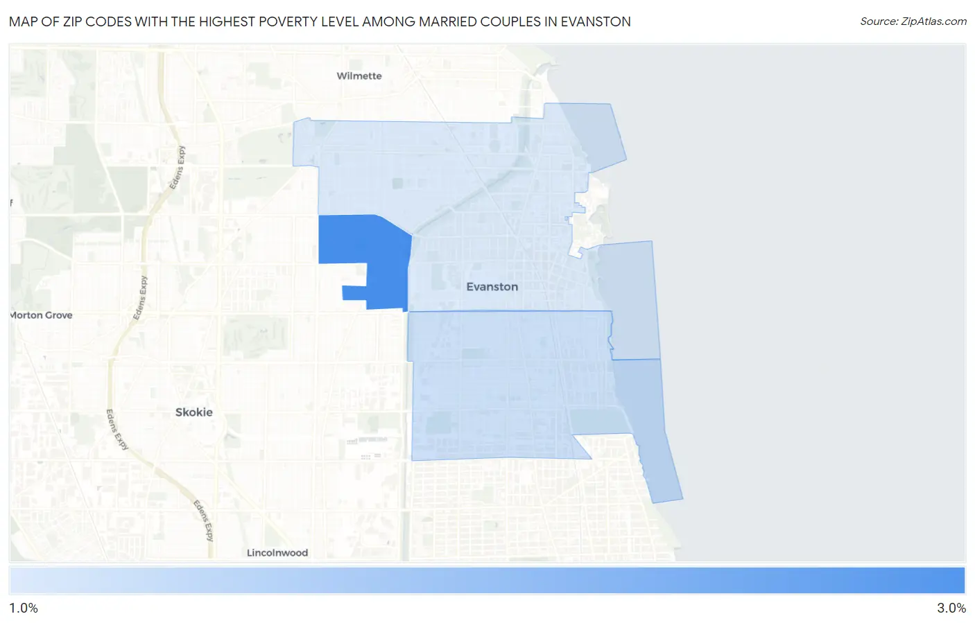 Zip Codes with the Highest Poverty Level Among Married Couples in Evanston Map