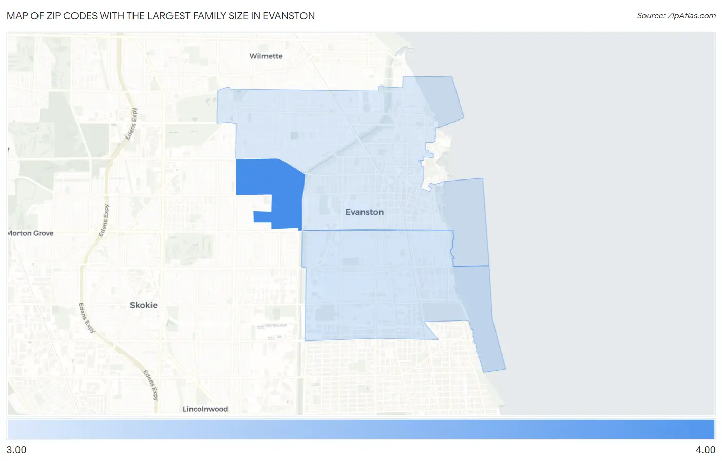 Zip Codes with the Largest Family Size in Evanston Map