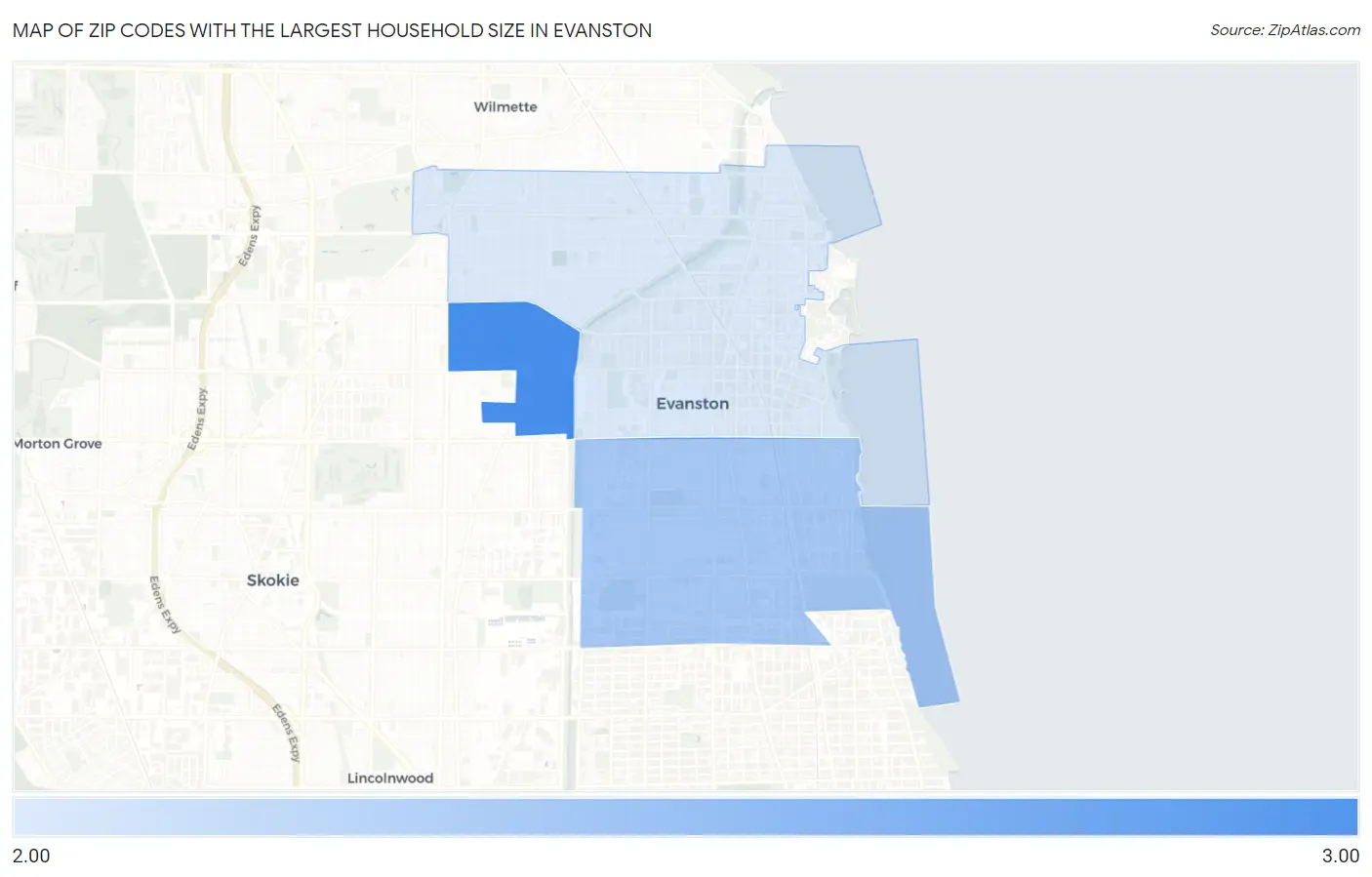 Zip Codes with the Largest Household Size in Evanston Map