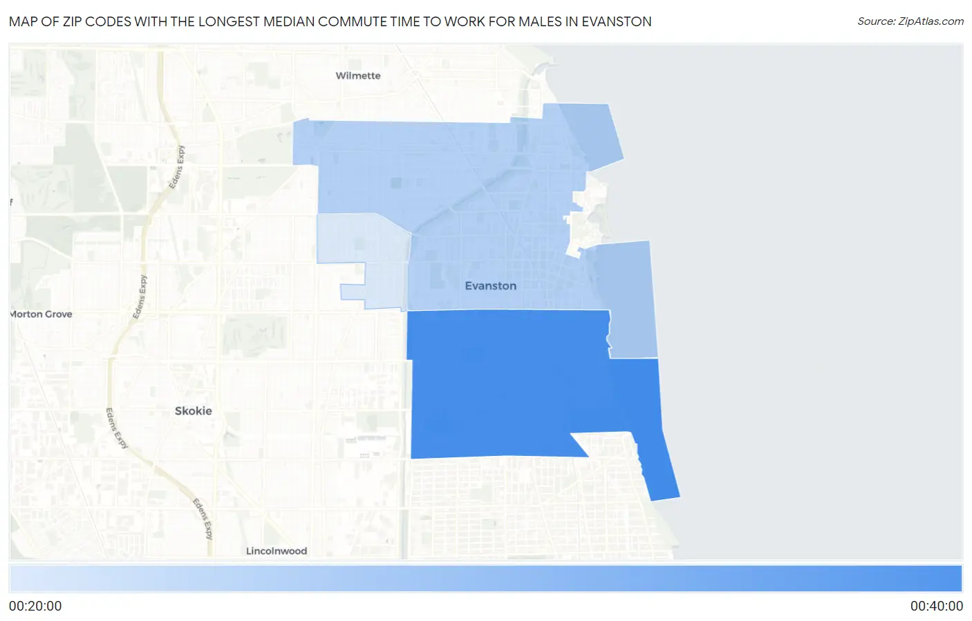 Zip Codes with the Longest Median Commute Time to Work for Males in Evanston Map