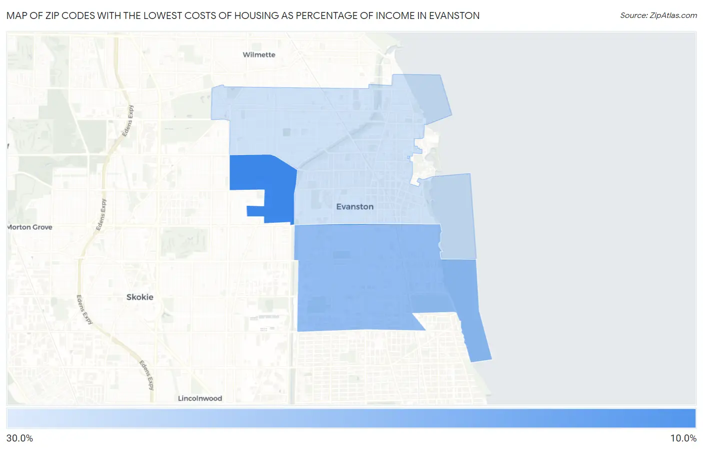 Zip Codes with the Lowest Costs of Housing as Percentage of Income in Evanston Map