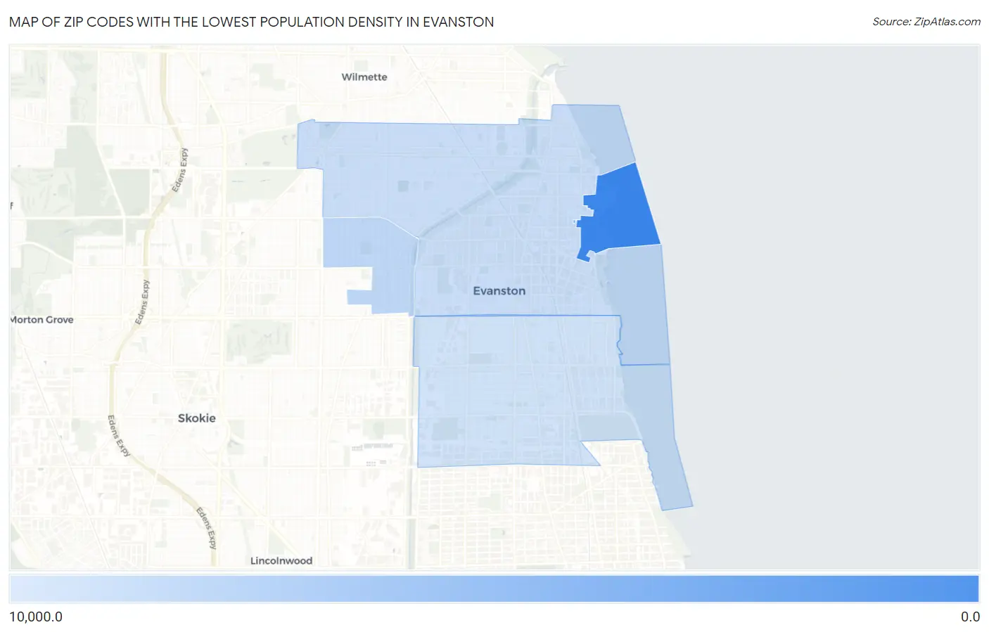 Zip Codes with the Lowest Population Density in Evanston Map