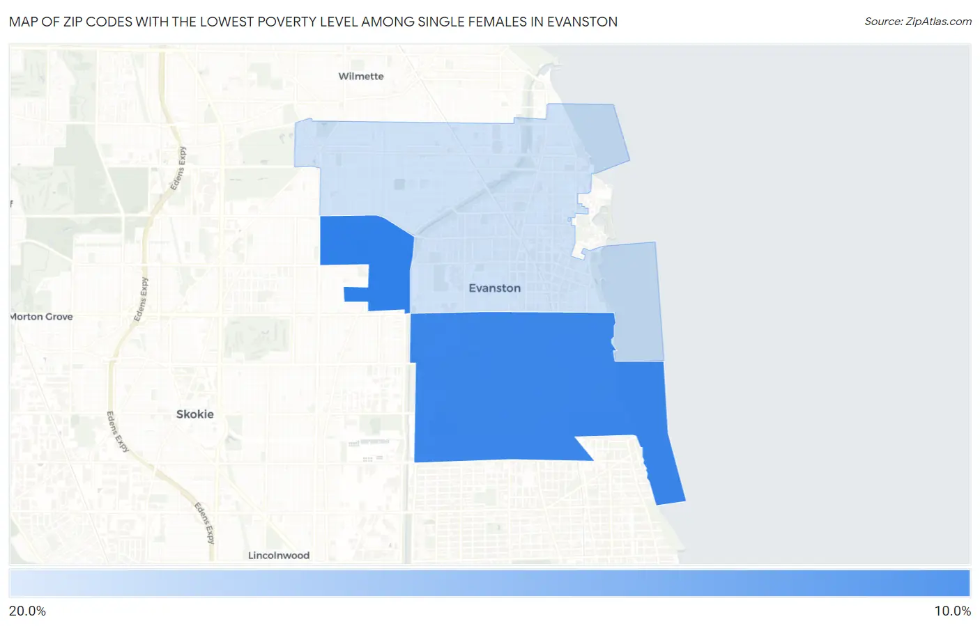 Zip Codes with the Lowest Poverty Level Among Single Females in Evanston Map
