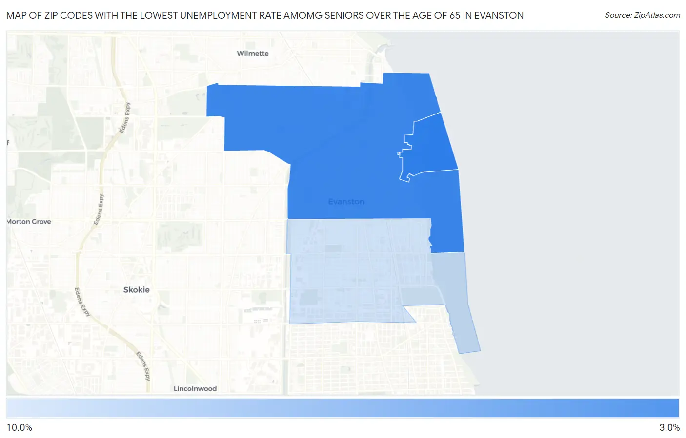 Zip Codes with the Lowest Unemployment Rate Amomg Seniors Over the Age of 65 in Evanston Map