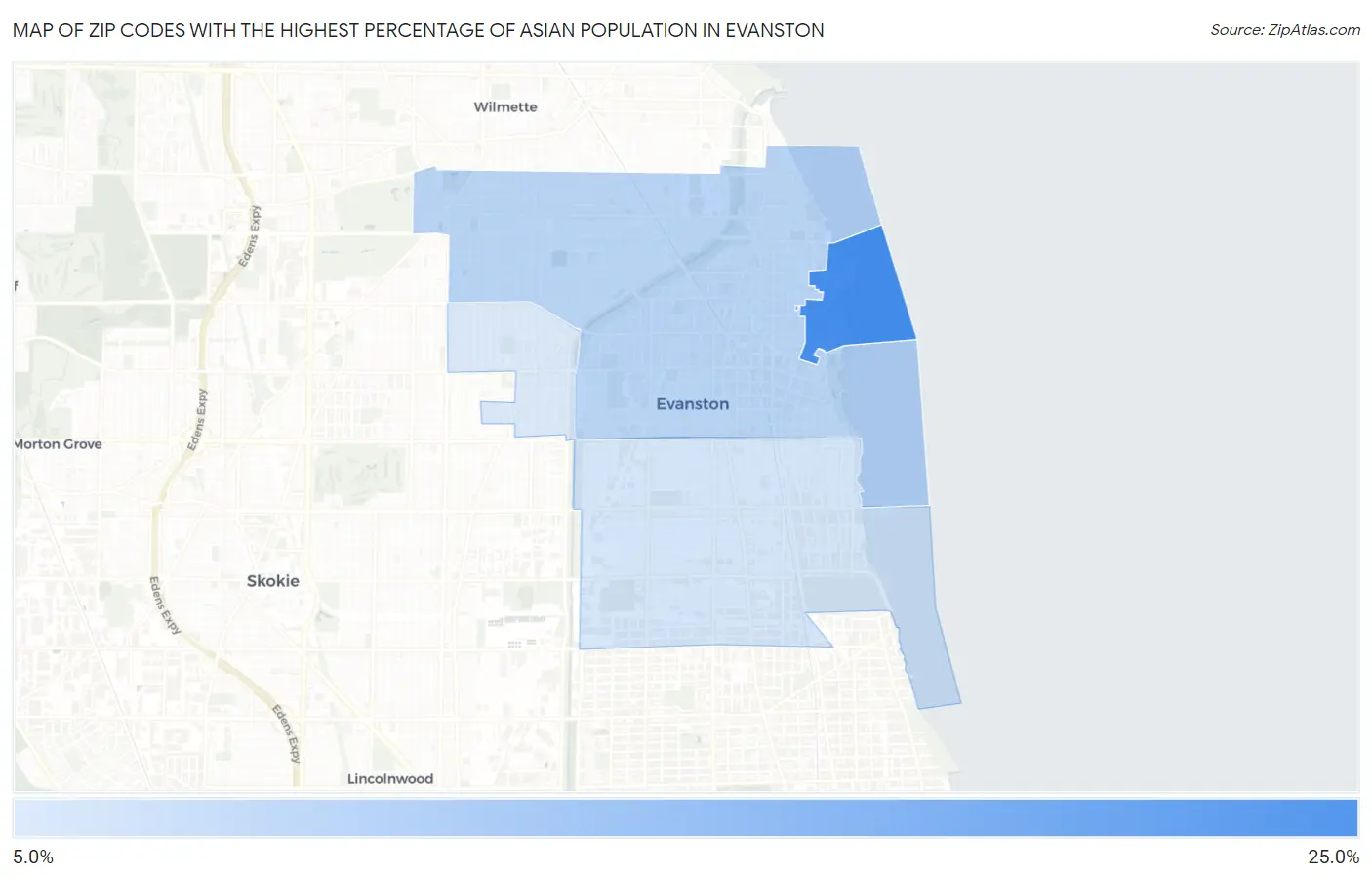 Zip Codes with the Highest Percentage of Asian Population in Evanston Map