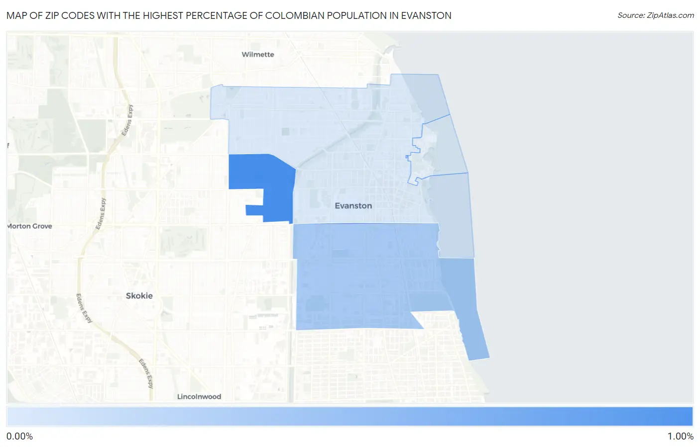 Zip Codes with the Highest Percentage of Colombian Population in Evanston Map