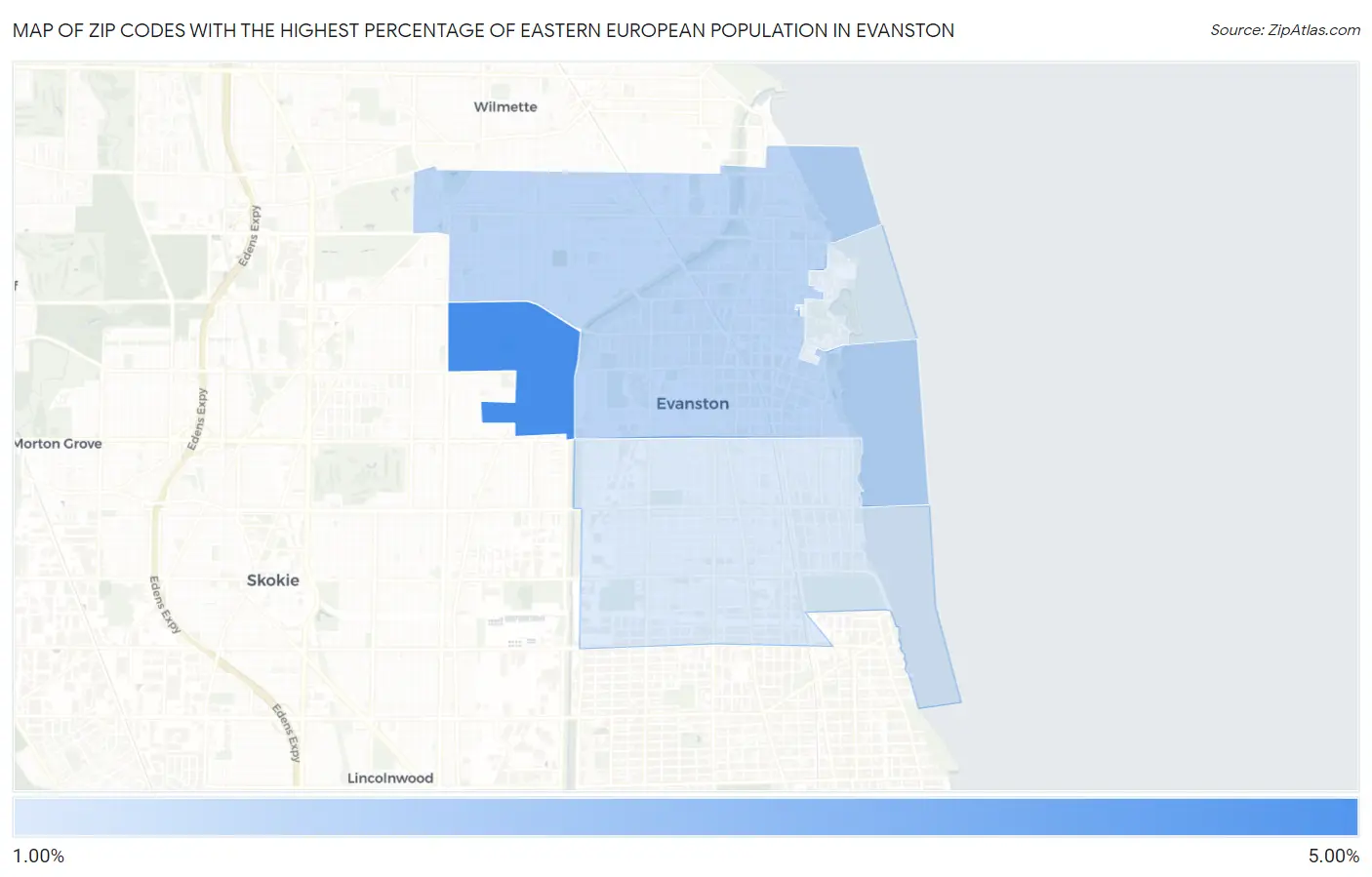 Zip Codes with the Highest Percentage of Eastern European Population in Evanston Map