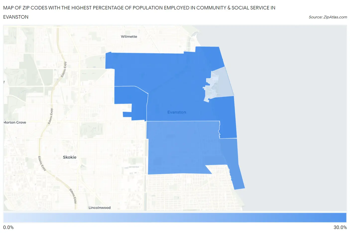 Zip Codes with the Highest Percentage of Population Employed in Community & Social Service  in Evanston Map