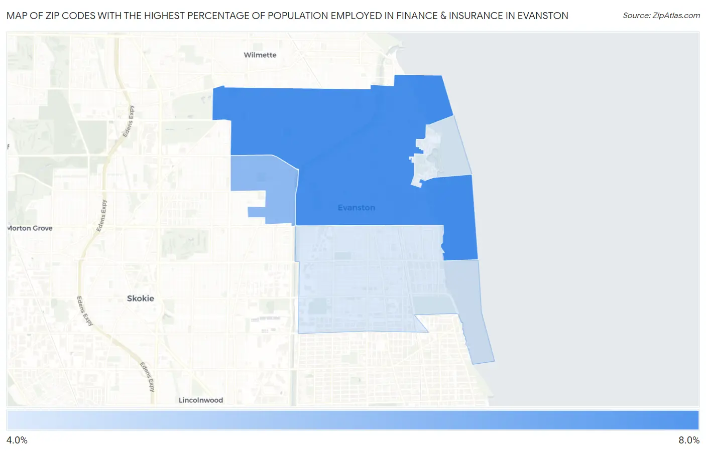 Zip Codes with the Highest Percentage of Population Employed in Finance & Insurance in Evanston Map