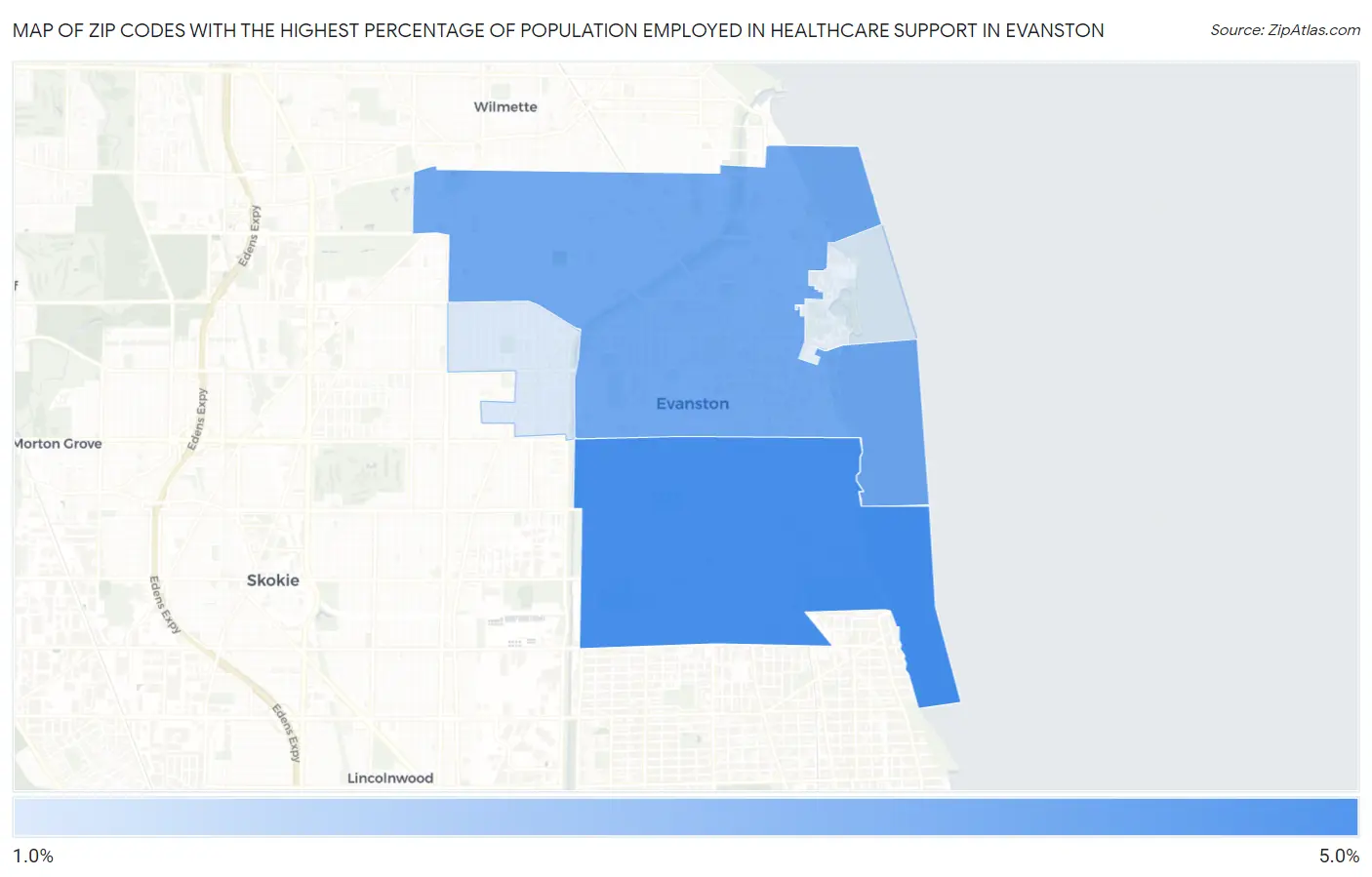 Zip Codes with the Highest Percentage of Population Employed in Healthcare Support in Evanston Map