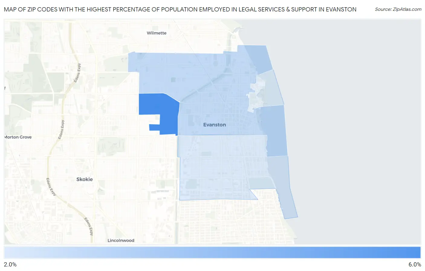 Zip Codes with the Highest Percentage of Population Employed in Legal Services & Support in Evanston Map