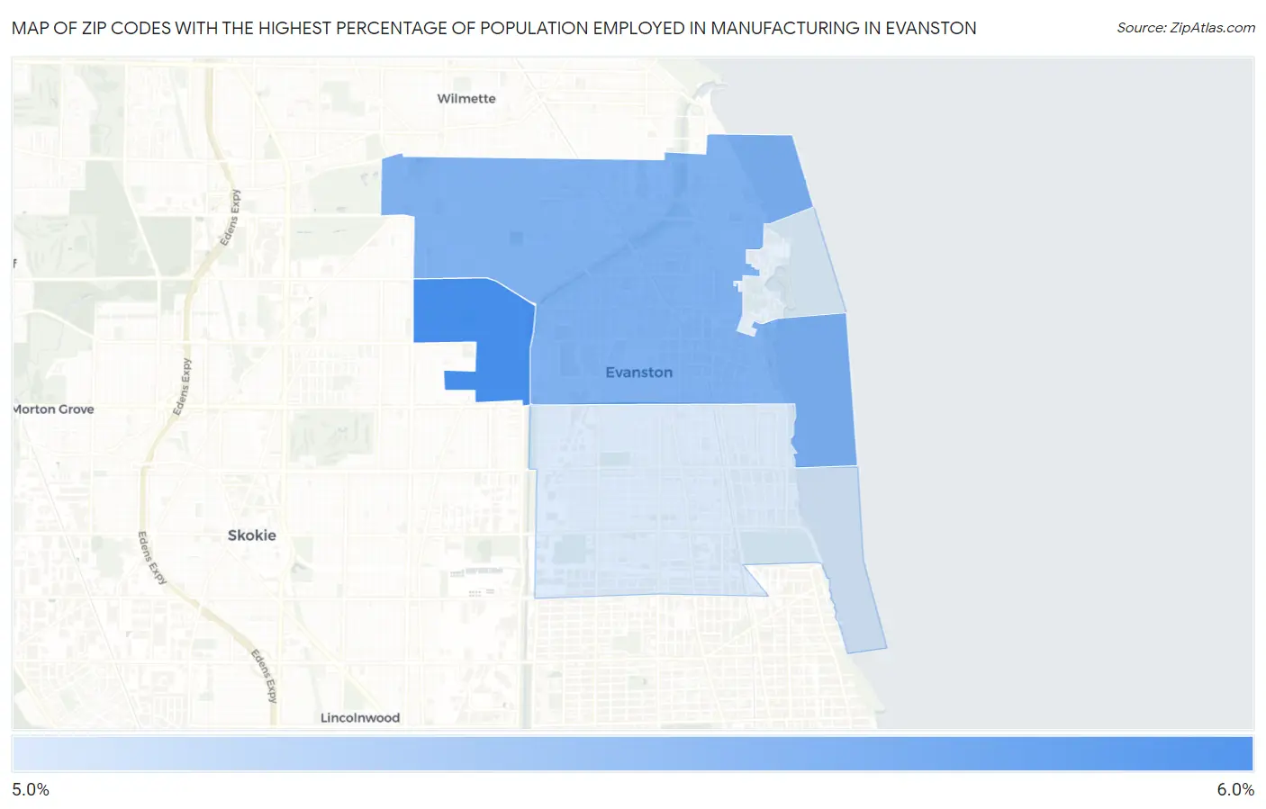 Zip Codes with the Highest Percentage of Population Employed in Manufacturing in Evanston Map