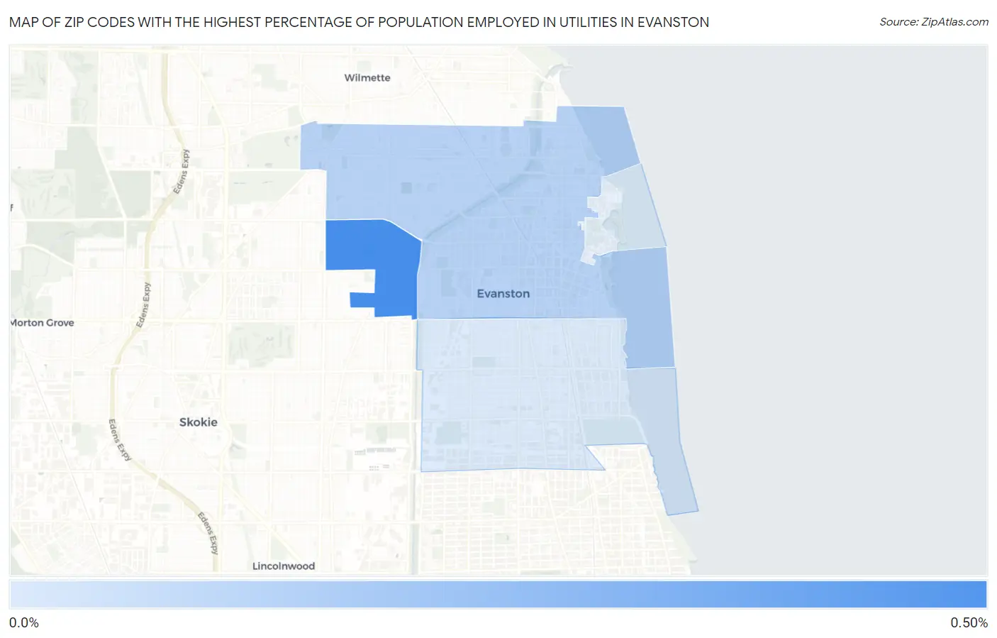Zip Codes with the Highest Percentage of Population Employed in Utilities in Evanston Map