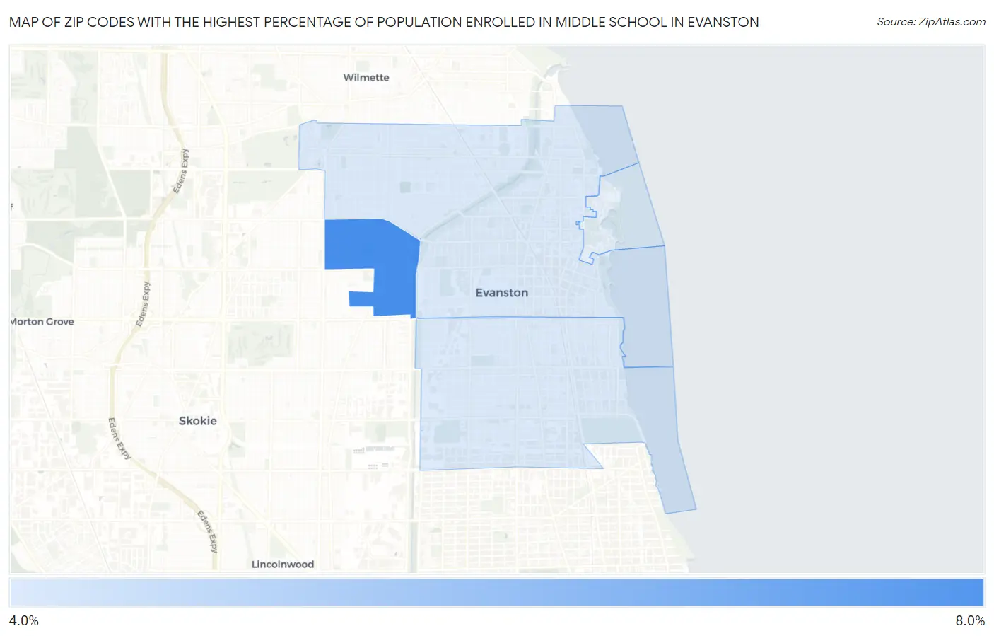 Zip Codes with the Highest Percentage of Population Enrolled in Middle School in Evanston Map
